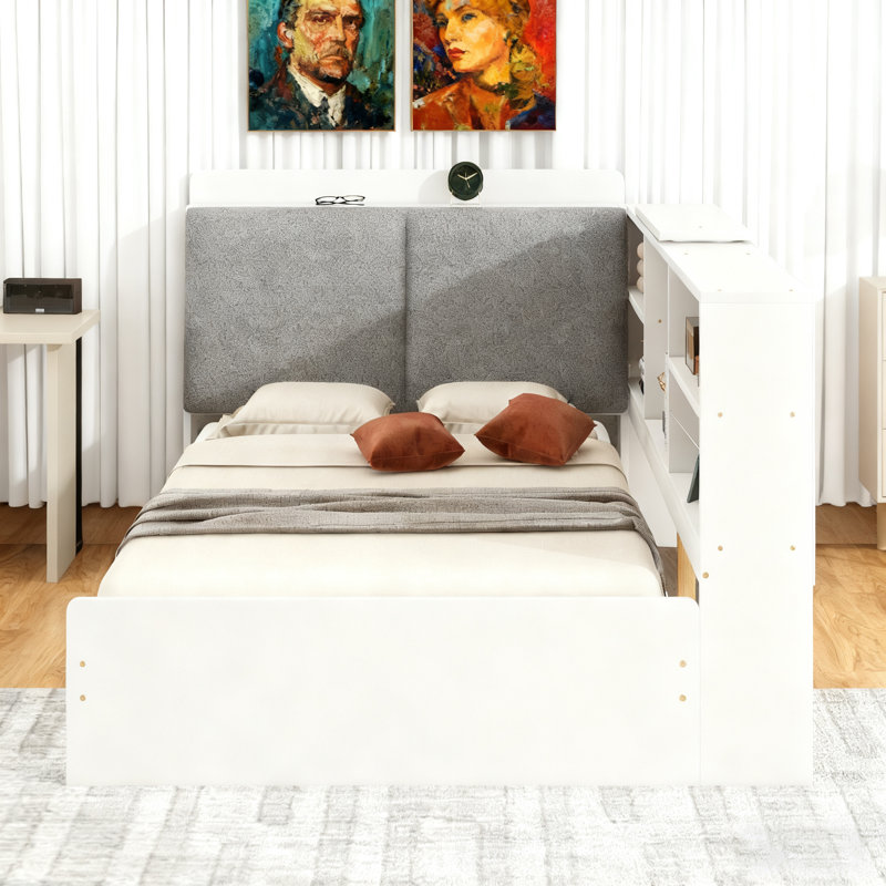 Lit simple avec rangement et tête de lit en bois, tablettes et 2 tiroirs, Lit simple