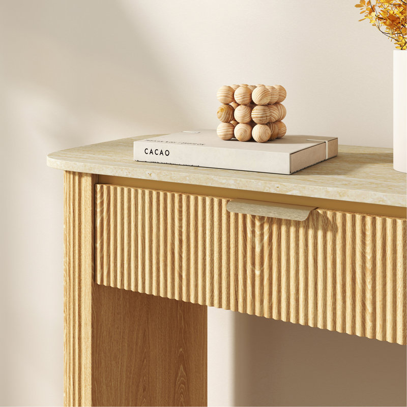 Console cannelée avec plateau en faux travertin, table de canapé d'entrée de 63 po avec garniture or rose, 2 tiroirs et tablette ouverte, table d'appoint de couloir moderne pour le salon