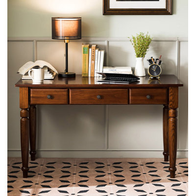 Vintage Solid Wood Desk with 3 Drawers and Turned Legs