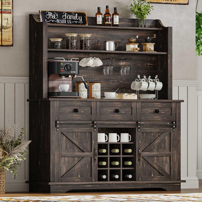 Abrianna 63 Inch Farmhouse Coffee Bar Cabinet, 3-Tier Storage with 9 Wine Racks & 3 Glass Holders