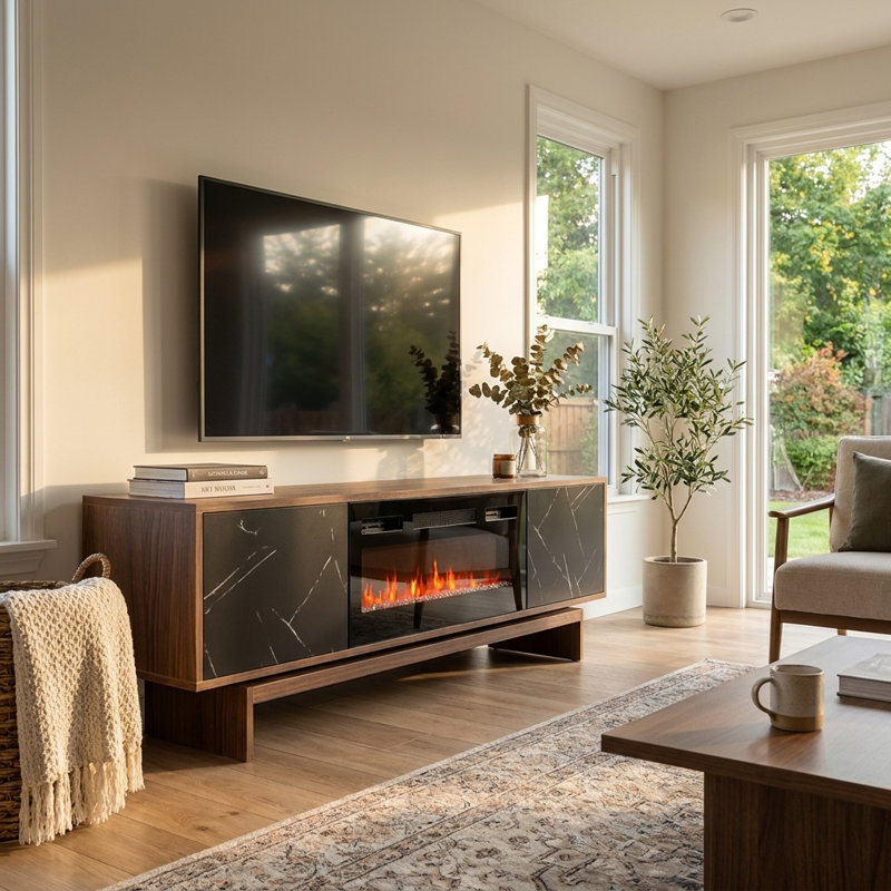 Calab 70.9" Modern TV Stand with Electric Fireplace, Matte Finish, Media Storage, Walnut/Black