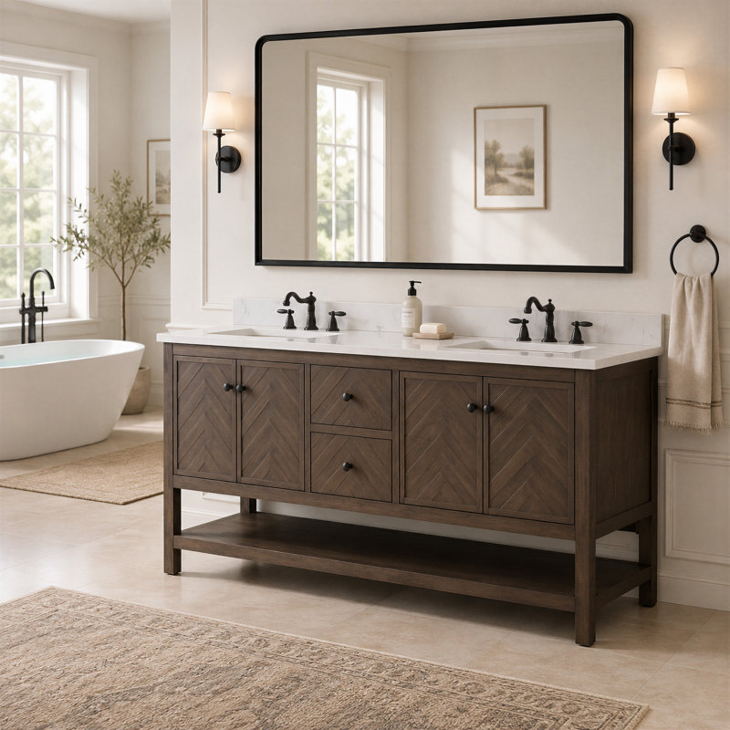 Meuble-lavabo double autoportant à chevrons 72 po avec plateau en pierre reconstituée Chazden, Brun