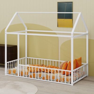 Structure de lit en métal avec clôture, pour enfants, adolescents
