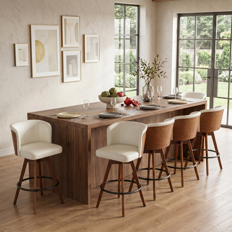 Tabouret de comptoir pivotant rembourré avec structure en bois Devault, Blanc / Brun, 6