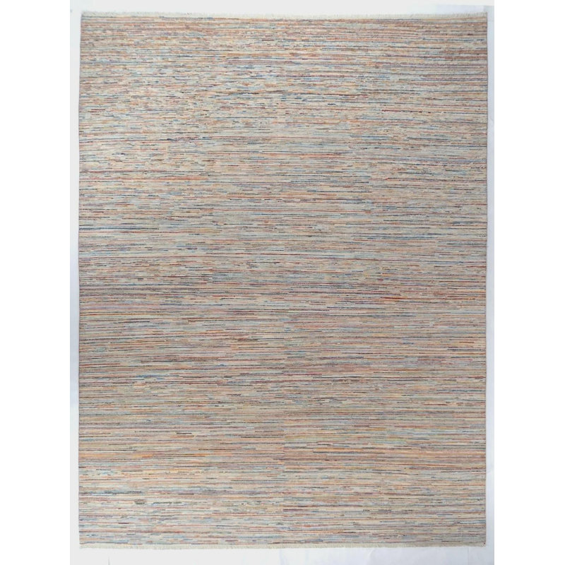 Tapis moderne 9 x 12 po, tapis en laine noué à la main, tapis minimaliste Racha, tapis rayé multicolore, tapis afghan contemporain, grand salon