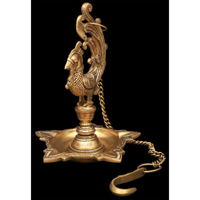 10" Handcrafted Brass Peacock Oil Lamp – Traditional Five-Wick Diya Stand