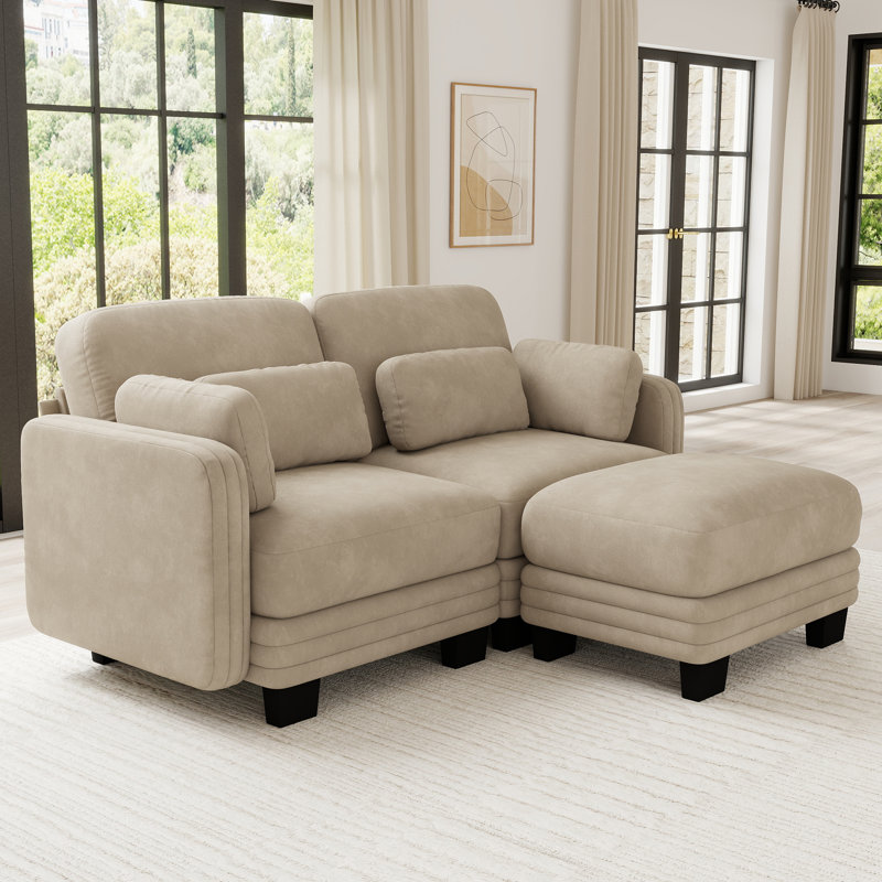 Canapés d'angle à compression, causeuse modulaire deux places en chenille camel, intérieur moderne