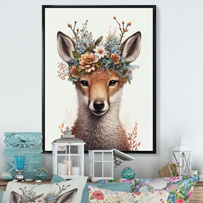 Mignon bébé renard avec couronne florale V - animaux, art mural sur toile