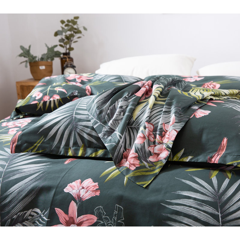 Sateen Floral Duvet Cover, Queen Size + 2 Queen Pillow Shams, Pine Green