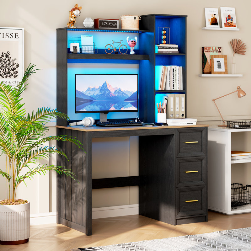 Computer Desk with Power Outlet and Tri-Color Light, Home Desk with Shelves and Drawer, Brown/Black
