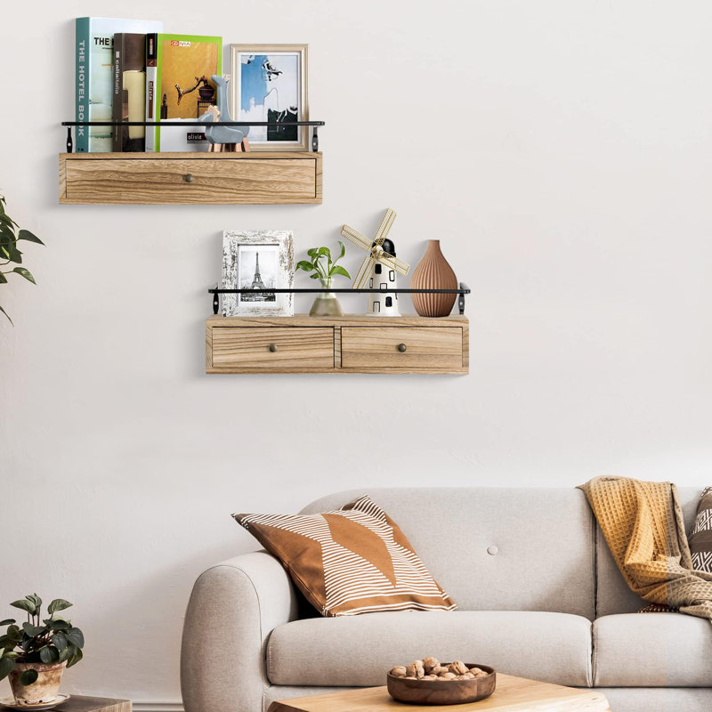 Floating Shelves With Drawers Set Of 2 - Wall Mounted Storage, Brown, Brown