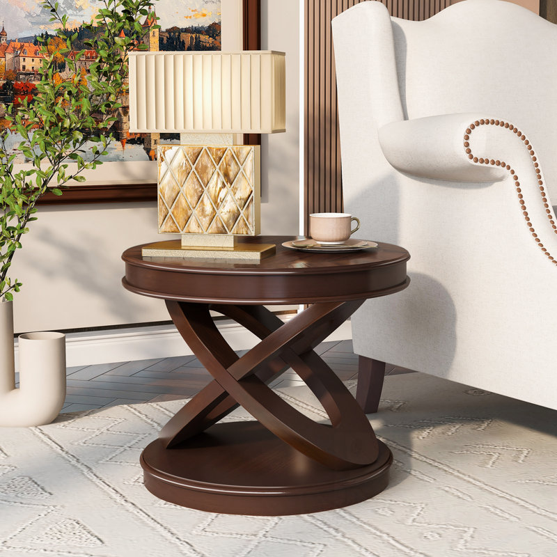 Table de bout ronde en bois avec base en forme de X, Noyer