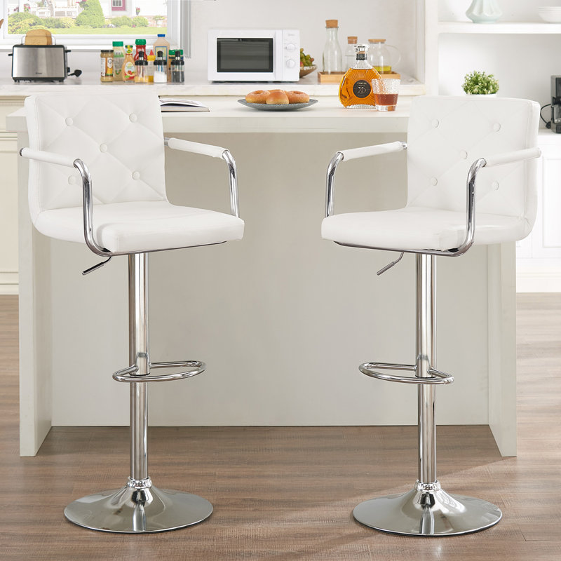 Set of 4 Adjustable Tufted Bar Stools with Back and Armrests, PU Leather Swivel Counter Height Chairs for Kitchen Island, 4
