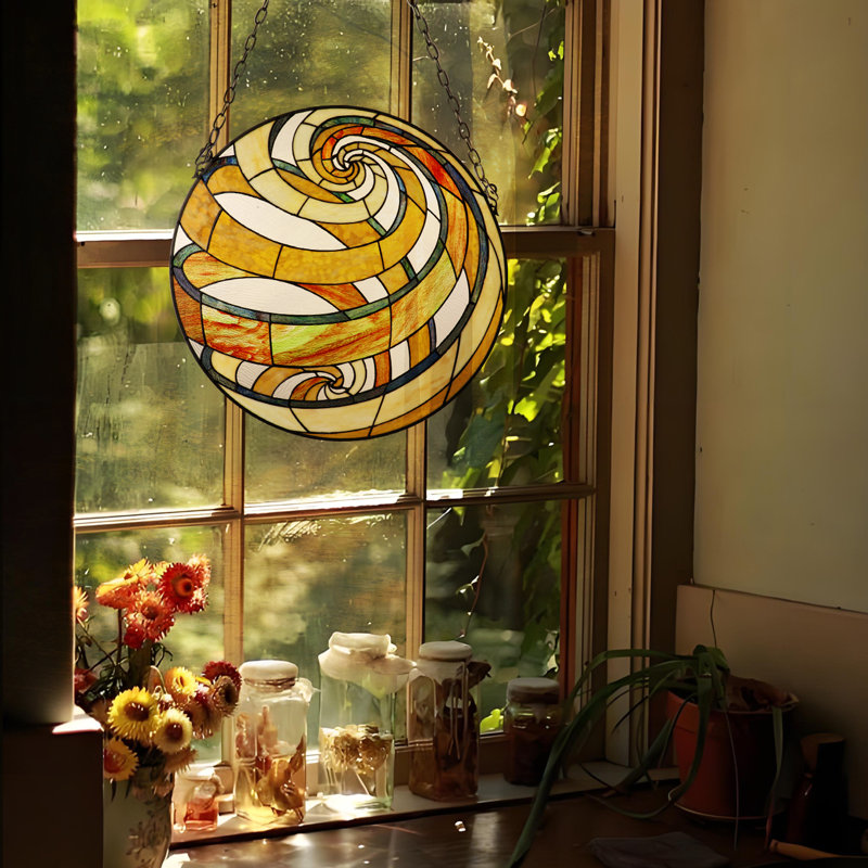  Panneau de vitrail géométrique de style Tiffany de 23 po de largeur Terra, Orange