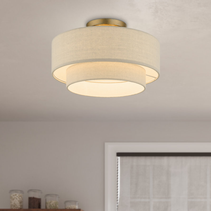 Bhagipuri Linen Blend Semi Flush Mount, Cream, 8.75" H x 15" W x 15" D, Antique Gold Leaf