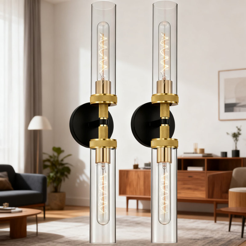 Lalula 2-Pack Modern Bathroom Vanity Light Fixtures, 2-Light Wall Sconce With Knurled Texture And Clear Glass Shades, 25 Inch Over Mirror Lighting For Horizontal Or Vertical Installation