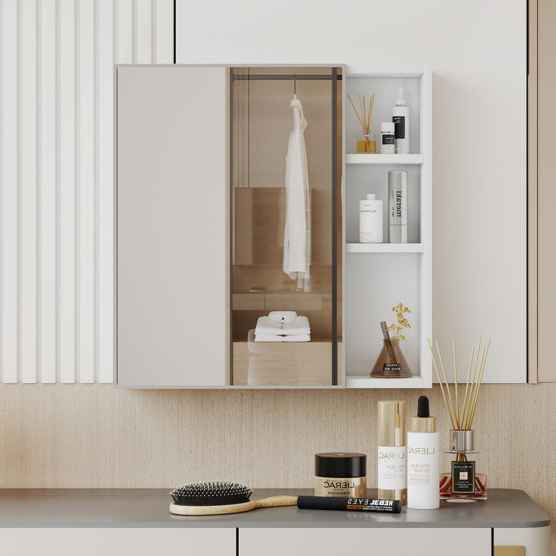 Multi-Function Wood Grain Mirror Cabinet with Storage, Space-Saving Wall-Mounted Design, White