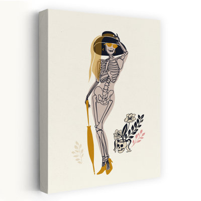 Affiche murale élégante et moderne, fantaisiste, représentant une femme squelette chic et des fleurs.