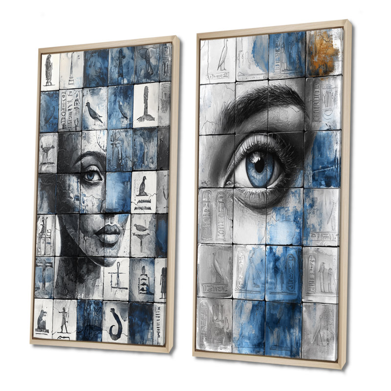 «Blue égyptien hiéroglyphes», ensemble de 2 pièces d'art mural, Cadre flottant en érable, H 28 po x l 24 po