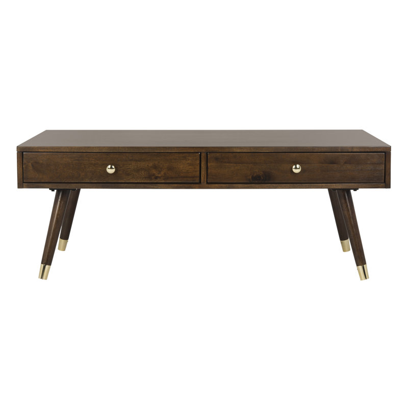 Transitional Mid-Century 48" Brown Wood Coffee Table with Gold Caps