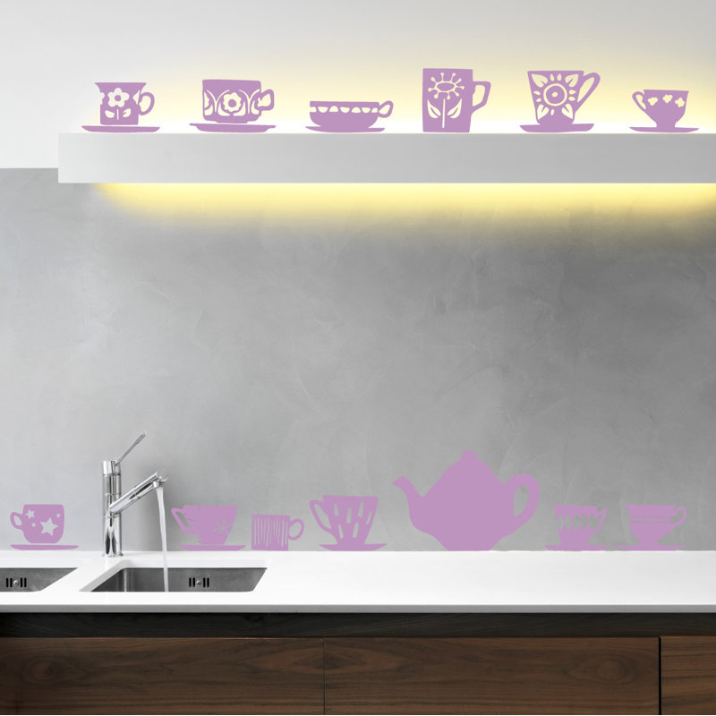 Décalcomanie murale tasses de thé, H 32 po x l 33 po x P 0,01 po, Lilas