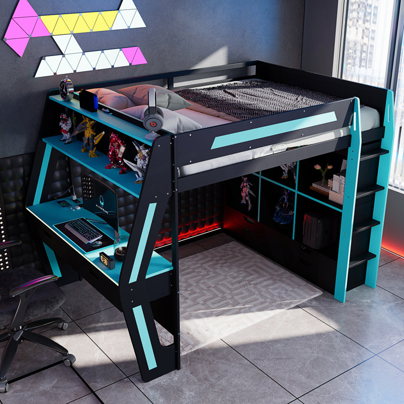 Lit mezzanine double pleine grandeur avec bureau intégré, lumières DEL RVB intelligentes et ports USB, Black+Blue