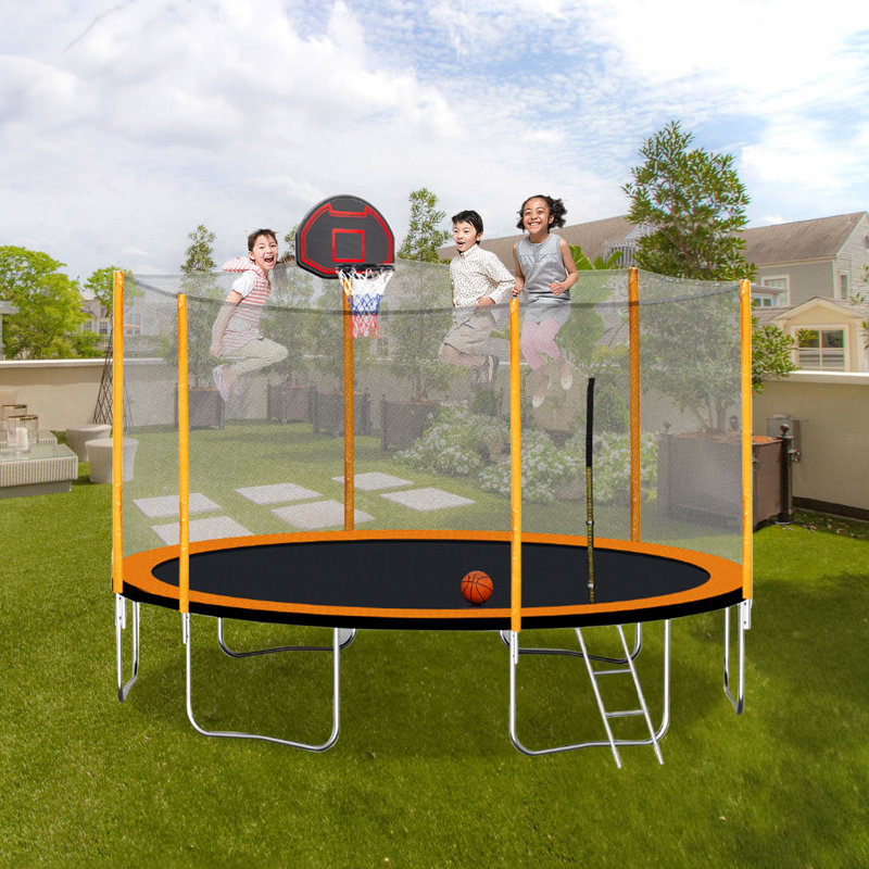 Trampoline de cour arrière ronde de 14 pi avec enceinte sécuritaire, Orange