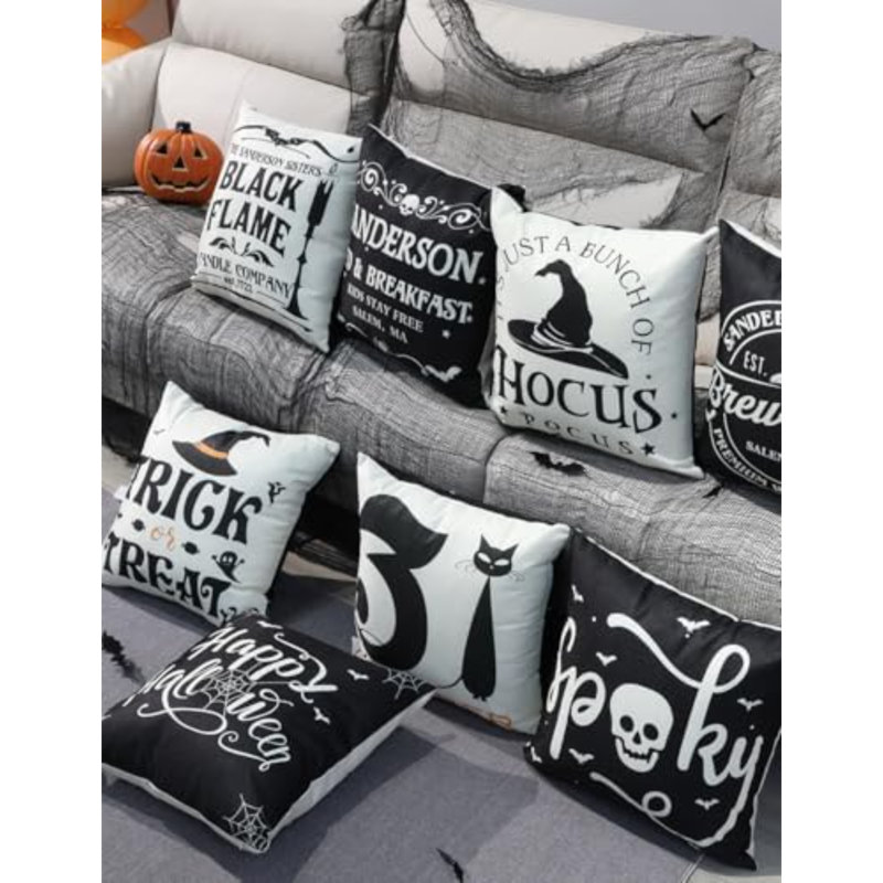Couvre-oreiller d'Halloween 16 x 16 4 pièces imprimé recto-verso, White,Black