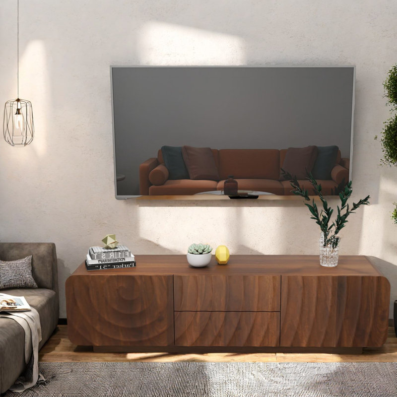 Meuble télé Mid-Century en noyer avec conception en spirale, armoire de rangement et tiroirs