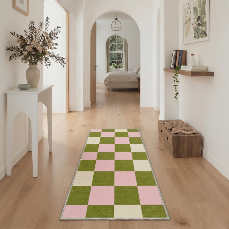 Aura Modern Checkerboard Machine Washable Green / Beige / Pink Indoor Area Rug with Non-Slip Backing, Runner 2' x 6'