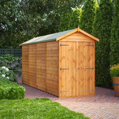 Powersheds 16 x 4ft Timber Overlap Windowless Apex Garden Shed, Double Doors