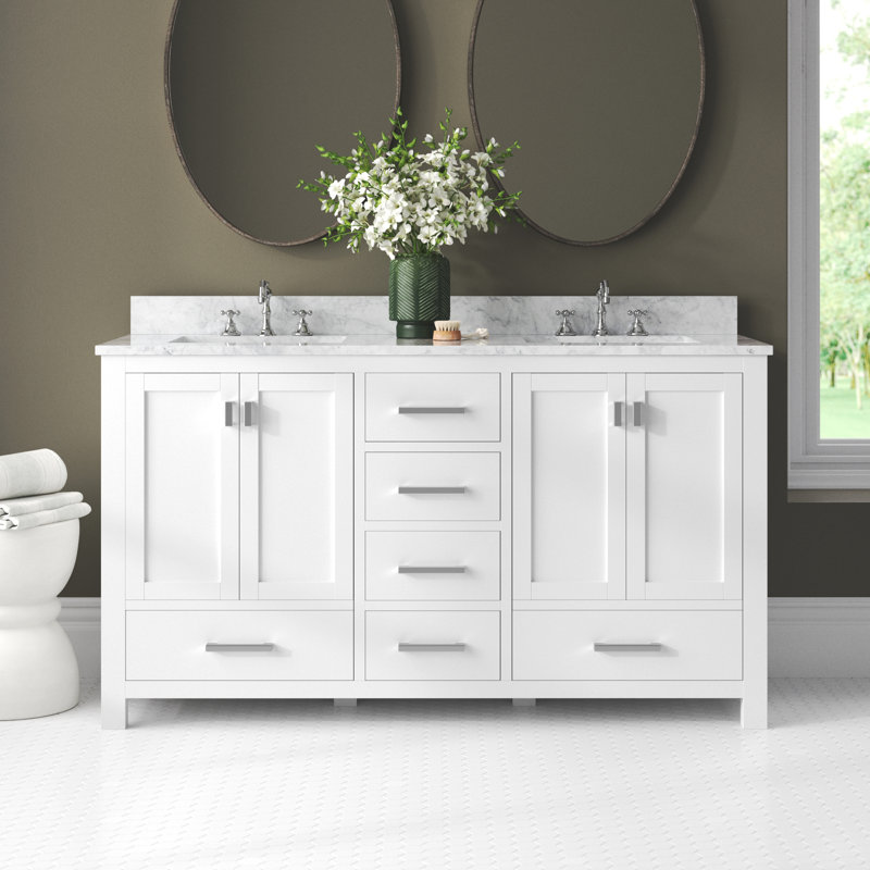 Meuble-lavabo double 60 po avec plateau Souther, Marbre blanc, Blanc