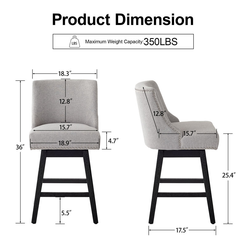 Swivel Counter Height Bar Stools Set Of 3, 25.4''H Upholstered Barstools With Backs, Modern Bar Stool Chairs For Kitchen Island, Wood Legs, Fabric, Stools Counter Chair