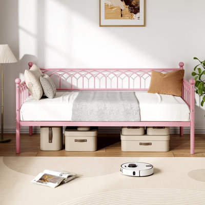 Lit de jour simple en métal robuste avec lit gigogne escamotable, station de charge intégrée et lumières DEL - Structure de canapé-lit peu encombrante pour chambre, appartement, chambre d'amis - Lit rose seulement