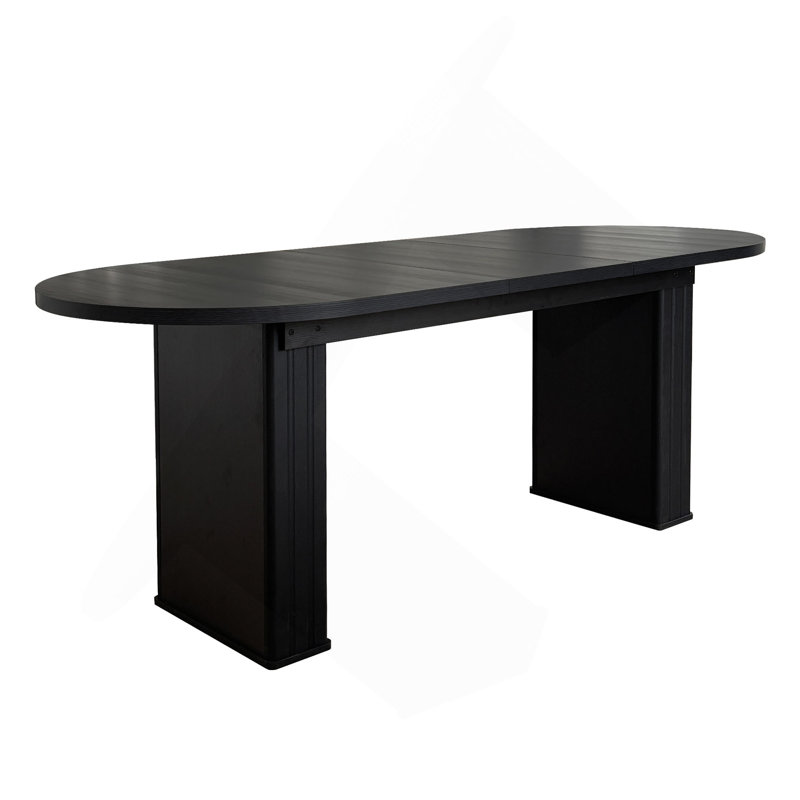 Kitchen Extendable Dining Table For 4-8 People, Oval Kitchen Table With Wooden Strip Base For Family Living Room, Black