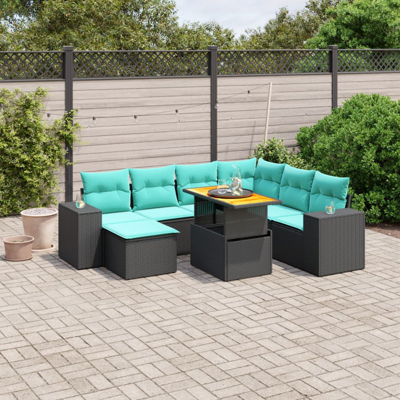  8 Piece Patio Sofa Set With Cushions Poly Rattan, Black, Green