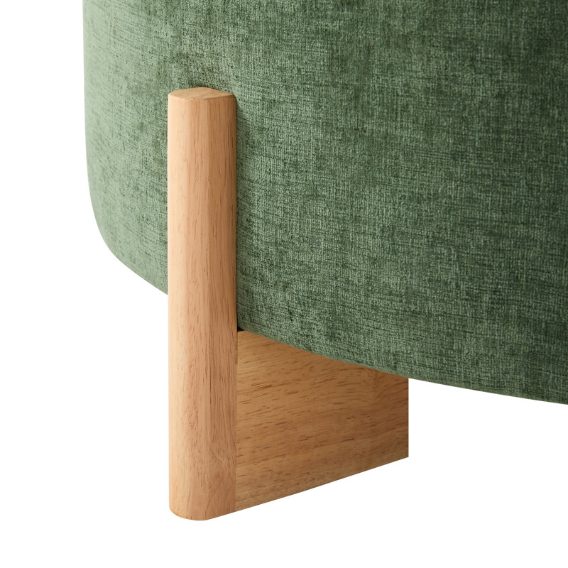 32" Round Tufted Ottoman with Solid Wood Legs, Green