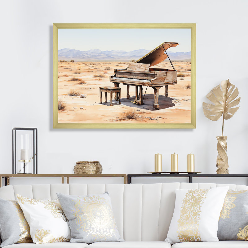 Desert Piano Melody II - Piano, art mural, Cadre doré à coins fermés, H 34 po x l 44 po x P 1,5 po