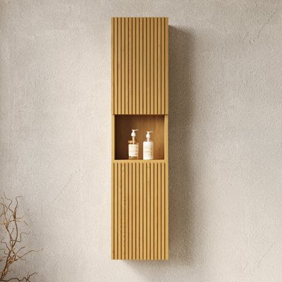 Narrow 59" Tall Bathroom Cabinet - Wall Mounted With Doors And Shelves In Oak For Laundry Property