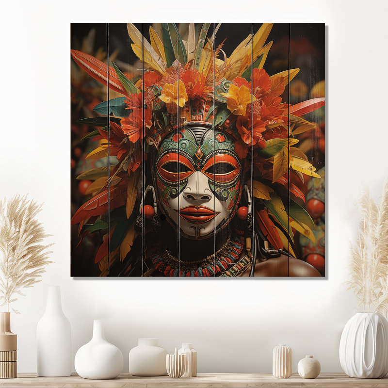 Danse des masques d'Afrique II - Masque africain sur bois, H 15 po x l 15 po