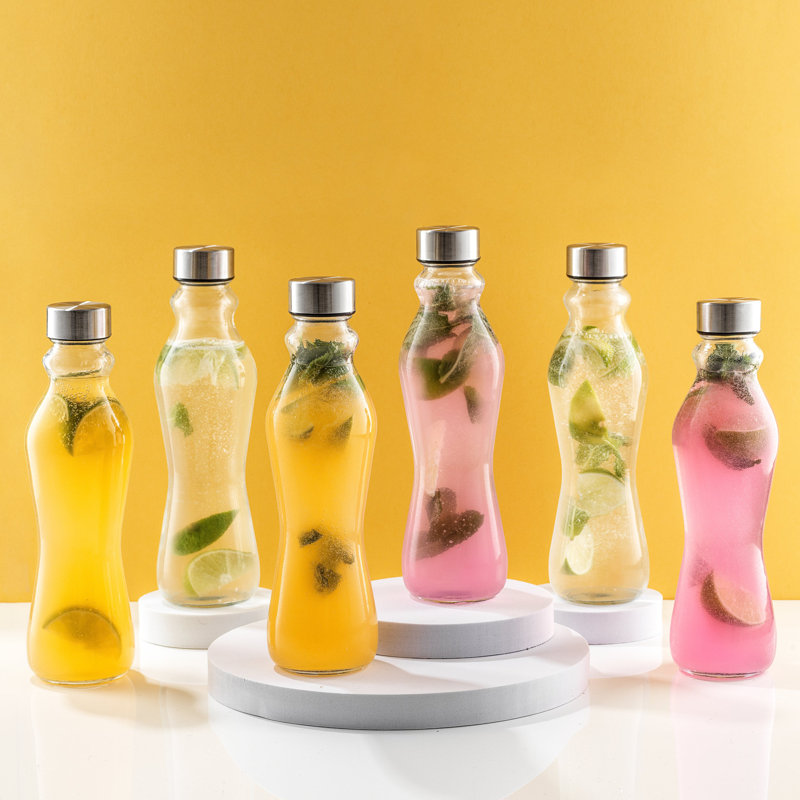 Spring Clear Glass Water Bottles with Stainless Steel Caps - Set of 6
