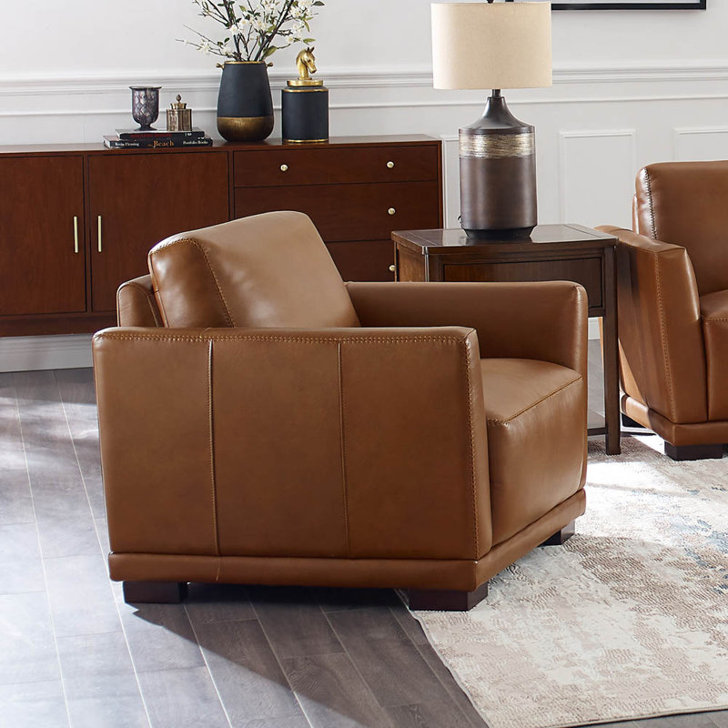 Fauteuil et demi Mary, Cuir véritable brun