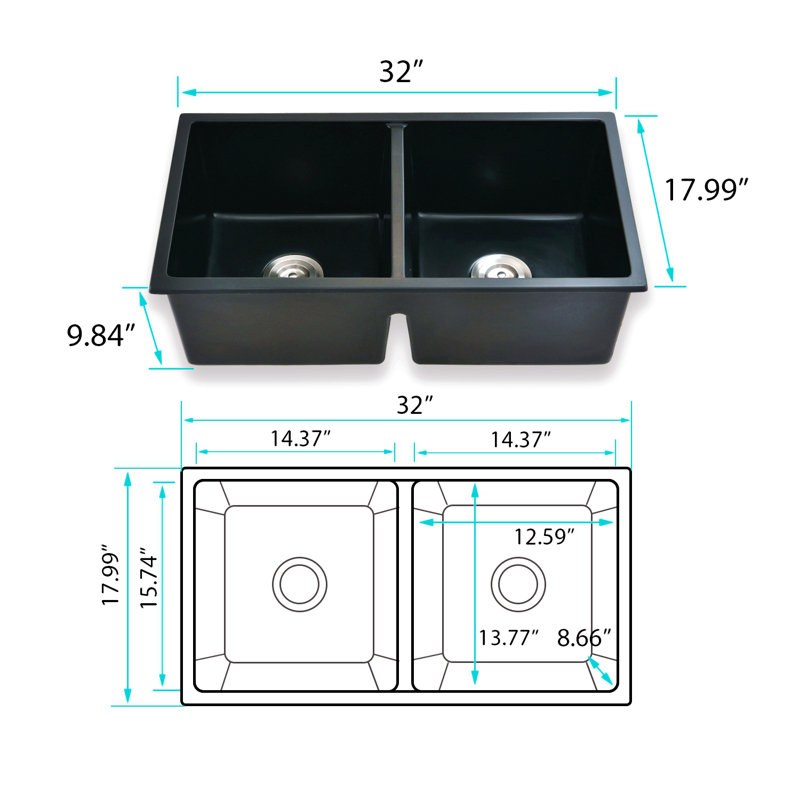 Évier de cuisine à double cuve encastrable 32 po x l 18 po avec crépine