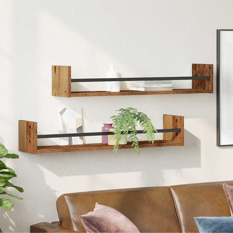Wall Shelf 2 Pcs Engineered Wood, 14cm H x 80cm W x 16cm D, Old Wood