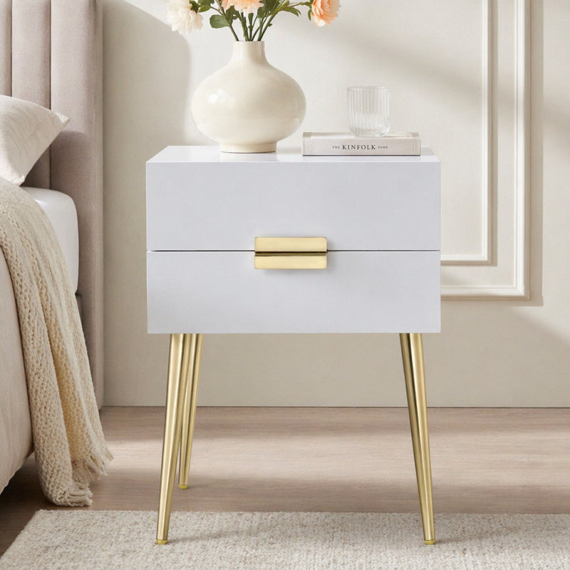Table d'appoint avec 2 tiroirs, Doré / blanc, H 24,55 po x l 18,5 po x P 18,5 po