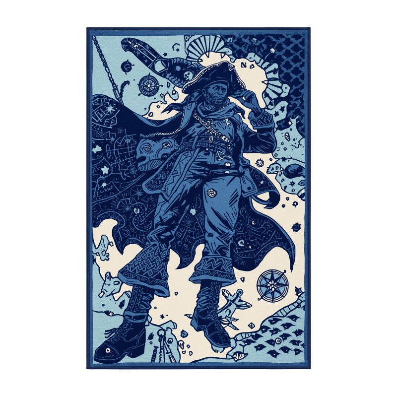 Soft Plush Dunkle Pirate Treasure Hunter Bohemian Block Print Area Rug in Blue – Navy Binding, 2x3