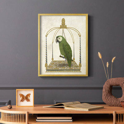 Green Parrot on Swing Framed Print - Solid Wood