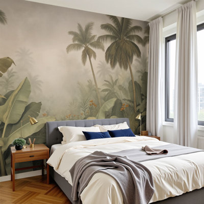 Papier peint à peler et coller, jungle tropicale, feuilles de bananier, feuilles murales botaniques rétro H 100 po x l 144 po, papier peint amovible en PVC, peinture murale auto-adhésive, décoration pour le salon de la chambre à coucher