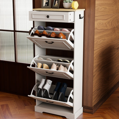 Shoe Organizer With 3 Flip Drawers, 1 Drawer, Adjustable Shelf, Stable And Safe, High - Quality, For Porch, Entryway Antique White Freestanding Cabinet Modern Design, Hallway, Foyer