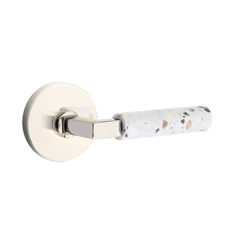 Mortaise intérieure Emtek Select avec rosette à disque et tige carrée en L, levier Terrazzo clair, Gauche, Nickel poli